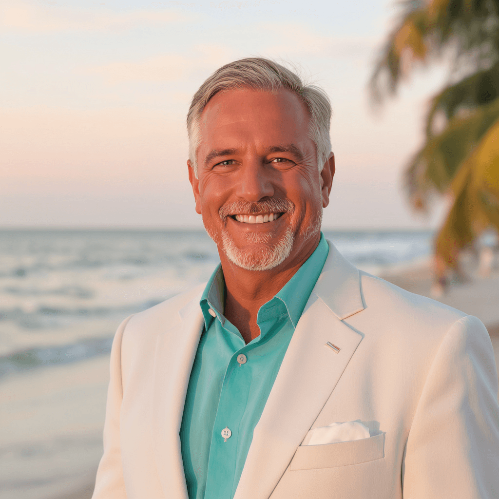 Stephen Littlejohn smiling on a Gulf Coast beach at golden hour.
